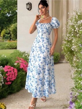 SHEIN White Maxi Dress with Blue Floral Print and Puff Sleeves